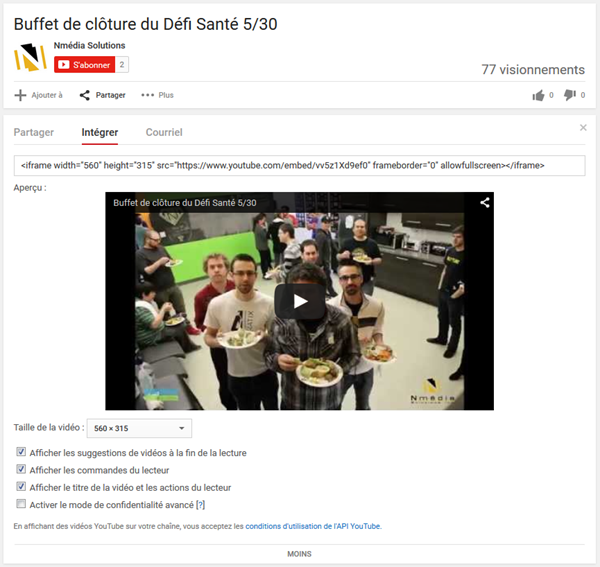 Youtube : Intégrer : Plus