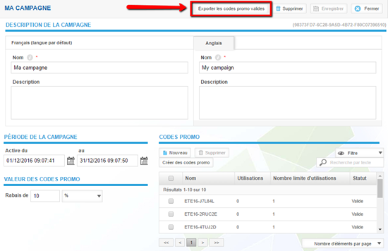 Exportation des codes